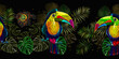 Colorful keel-billed toucan birds, moon and palm leaves seamless pattern. Fashionable template for design of clothes, textiles. Embroidery art. Ramphastos sulfuratus. Jungle paradise background