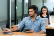 Telemarketer used headset answering customer questions. Customer service, Technical support, Operator working in a call center on business day. Concept of telemarketing and communication support.
