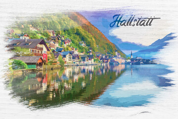 Wall Mural - Alpine village, Hallstatt in Austria, watercolor painting