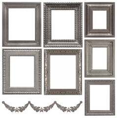 Set of silver frames for paintings, mirrors or photo isolated on white background