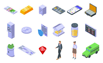 Bank icons set. Isometric set of bank vector icons for web design isolated on white background