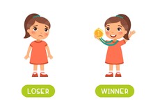LOSER And WINNER Antonyms Word Card Vector Template. Flashcard For English Language Learning. Opposites Concept. Little Girl Lost And Is Sad, Happy Child With Medal