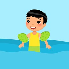 Little asian boy swimming with inflatable sleeves flat vector illustration. Beautiful child having fun in water. Cheerful kid in swimsuit enjoying summer activities color cartoon character