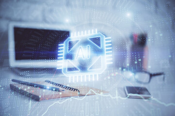 double exposure of desktop computer and technology theme hologram. concept of software development.