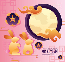 Wall Mural - happy mid autumn festival lettering poster with rabbits and moon