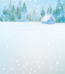 Wall Mural - Vector  winter scene with forest and house. Winter  snowy landscape.