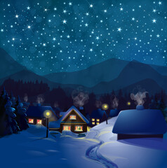 Wall Mural - vector winter wonderland night background. night winter landscape with houses.