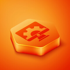 Isometric Software, web development, programming concept icon isolated on orange background. Programming language and program code on screen monitor. Orange hexagon button. Vector.