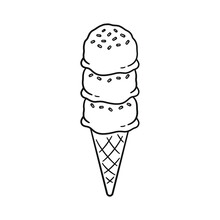 Triple Scoop Ice Cream With Sprinkles On Sugar Cone Line Art Outline Cartoon Illustration. Coloring Book Page Activity Worksheet For Kids.