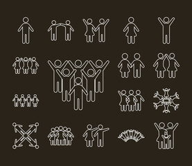 Wall Mural - bundle of community and family figures in black background line style icons