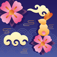 Wall Mural - happy mid autumn festival poster with rabbit and flowers in clouds