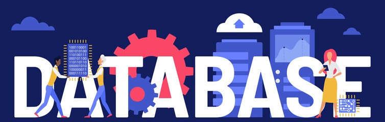 Aufkleber - Database creative concept vector illustration. Cartoon flat developer team of people stand next to database word, coders programmers teamwork on data research development, modern technology background