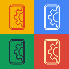 Pop art line Software, web development, programming concept icon isolated on color background. Programming language and program code on screen mobile. Vector.