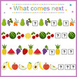 © Olesya - Math puzzle fruit, for children's development, which object is next in a row, color vector illustration flat style, education, score, tutorial design, clipart