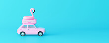 Pink Car With Luggage And Flamingo On Pastel Blue Background. Creative Minimal Summer Concept Idea 3D Render 3D Illustration