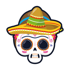 Sticker - traditional mexican woman skull head with mariachi hat flat style icon