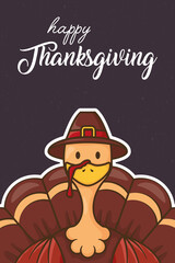 Wall Mural - happy thanksgiving day celebration with turkey wearing pilgrim hat and lettering