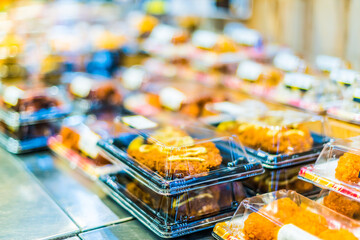 Prepackaged food put out for sale in supermarket