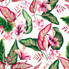 seamless floral patterm with hibiscus and tropical leaves on white background