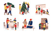 © SpicyTruffel - Preparing Christmas. People celebrate winter holidays. Family decorating tree and fireplace, packing presents, cooking tradition Xmas dinner. Isolated December scenes, vector home activities set