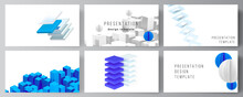 Vector Layout Of Presentation Slides Design Templates, Template For Presentation Brochure, Brochure Cover, Business Report. 3d Render Vector Composition With Dynamic Geometric Blue Shapes In Motion.