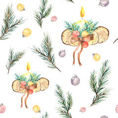 Fototapeta Watercolor illustration. Seamless design for Christmas. Seamless watercolor pattern on a white background with fir branches, cinnamon, candles, Christmas balls.
