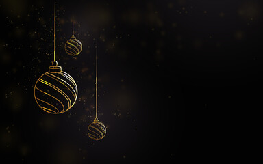 Poster - Merry Christmas and happy new year. Golden luxury Christmas balls with blurred lights effect. Vector illustration