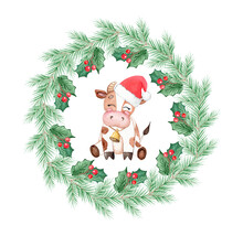 Watercolor Brown Cow In Santa's Hat In Christmas Wreath Frame Isolated On White Background. Holiday Greeting Card