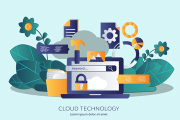 Wall Mural - Cloud computing website banner. Flat vector illustration