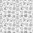 Dentist seamless pattern with thin line icons: dental instruments, caries under magnifier, orthodontics, tooth extraction, veneers, tooth whitening, implant, braces, calculus. Vector illustration.