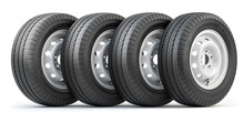 Set Of Car Wheels With Tyres For Vans And Trucks Isolated On White Background.