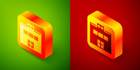 Sticker - Isometric Gym building icon isolated on green and red background. Sport club. Square button. Vector.