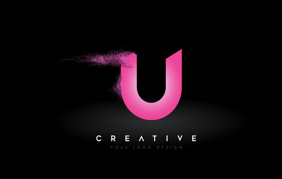 U Letter Logo with Dispersion Effect and Purple Pink Powder Particles Expanding Ash