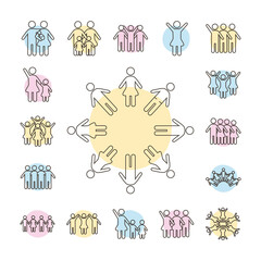 Poster - bundle of community and family figures in white background line style icons