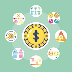 Poster - coin dollar with bundle of infographics set flat style icons