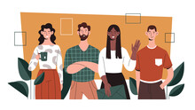Office Life Concept, Diverse Multiracial Group Of Young People, Colleagues Standing Together. Flat Vector Illustration.