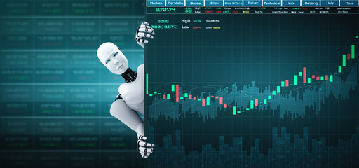 Future financial technology controlled by AI robot using machine learning and artificial intelligence to analyze business data and give advice on investment and trading decision . 3D illustration .