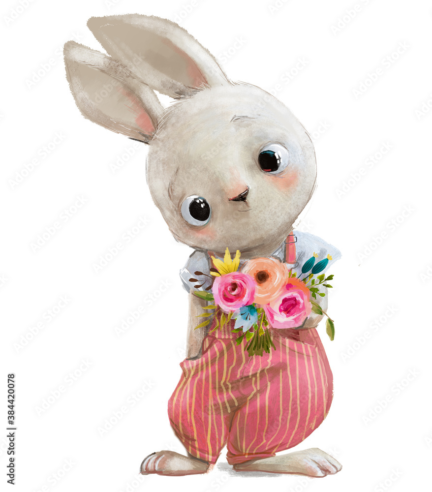 cute little cartoon hare with a ball - obrazy, fototapety, plakaty 