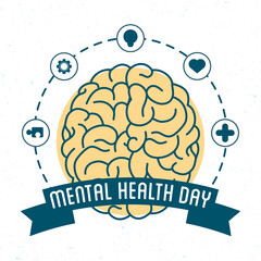 Canvas Print - Mental Health Day lettering with brain and set icons around