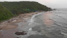 Aerial Fly Over Beach Of Goa | Indian Coastline Shore On A Cloudy Day