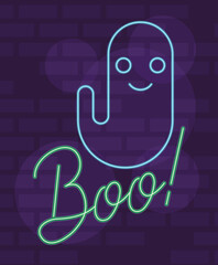 Sticker - boo word halloween lettering in neon light with ghost