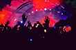 © udmurd - Abstract blur atmosphere: happy people enjoying outdoor music festival concert, raised up hands and clapping of pleasure, active night life concept, play of light and shadow on the stage