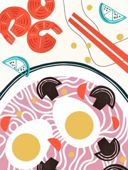 Wall Mural - Flat modern Asian food. Freehand noodles, shrimp, egg, lemon, mushrooms illustration. Traditional chinese menu design in modern style. Turquoise, red, black hand draw art. Cookbook illustration