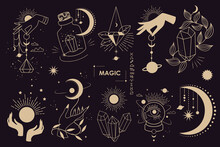 Big Set Of Magic And Astrological Symbols. Mystical Signs, Silhouettes, Zodiac Signs, Tarot Cards. Vector Illustration. Witchcraft Art. Stickers, Banner, Decorations. Esoteric Aesthetics. Hand Drawn.