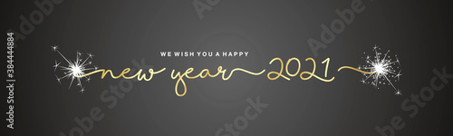 Fotografía We wish you Happy New Year 2021 handwritten tipography sparkle firework gold bla