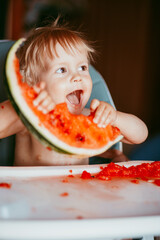 Wall Mural - Happy toddler boy eating watermelon in his highchair