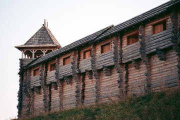 View of the wooden medieval fortress in the afternoon