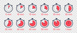 Countdown Timer. Clock, Stopwatch vector icons set. Full rotation arrow timer. Set of simple timers in flat style isolated on transparent background. Vector illustration, eps10.