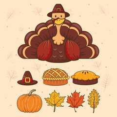 Wall Mural - happy thanksgiving day celebration with turkey wearing pilgrim hat and set icons