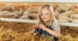 © VAKSMANV - Portrait of caucasian pretty small blond girl siting in stable wih sheep on background, smiling to camera and playing with hay. Cute beautiful kid at livestock farm. Wool farming. Happy childhood.
